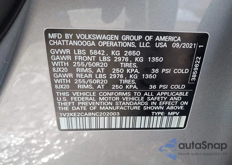 2022 Volkswagen Atlas Cross Sport 3.6L V6 Se W/Technology z USA, uszkodzony, nr VIN 1V2KE2CA8NC202003